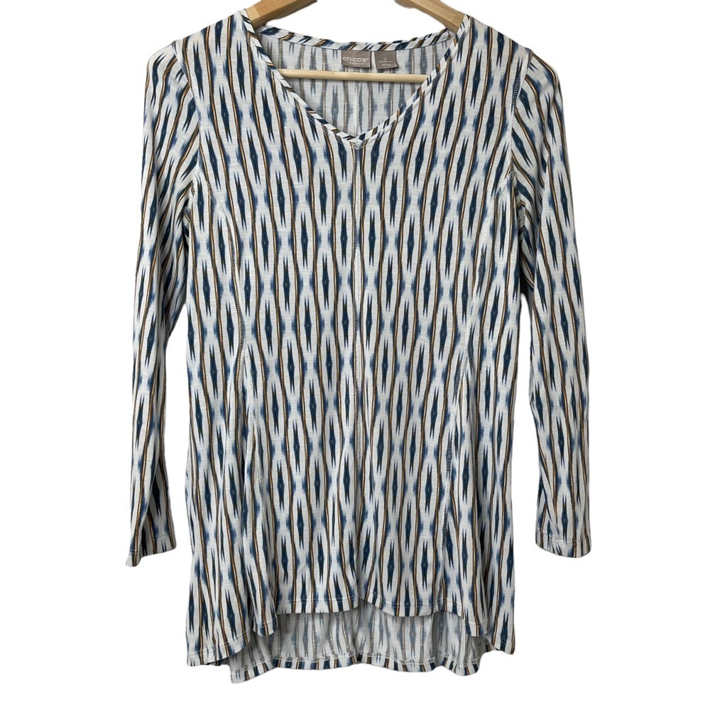 Chico's Zenergy Geometric Ikat Tunic Top Sz 0/ US 4 Modal Blend Stretch V Neck